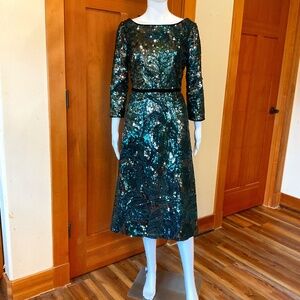 Marchesa Notte Sequins Peacock Tea Length dress